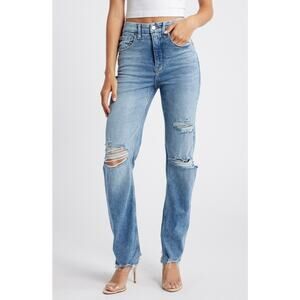 Good American Blue 'Good Icon' High Waist Ripped Straight Leg Denim Jeans Size